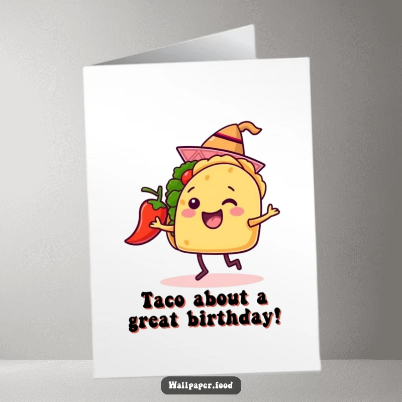 Funny Free Printable Taco Birthday Card featuring a happy taco in a tiny hat dancing with a chili pepper, perfect for a downloadable gift.