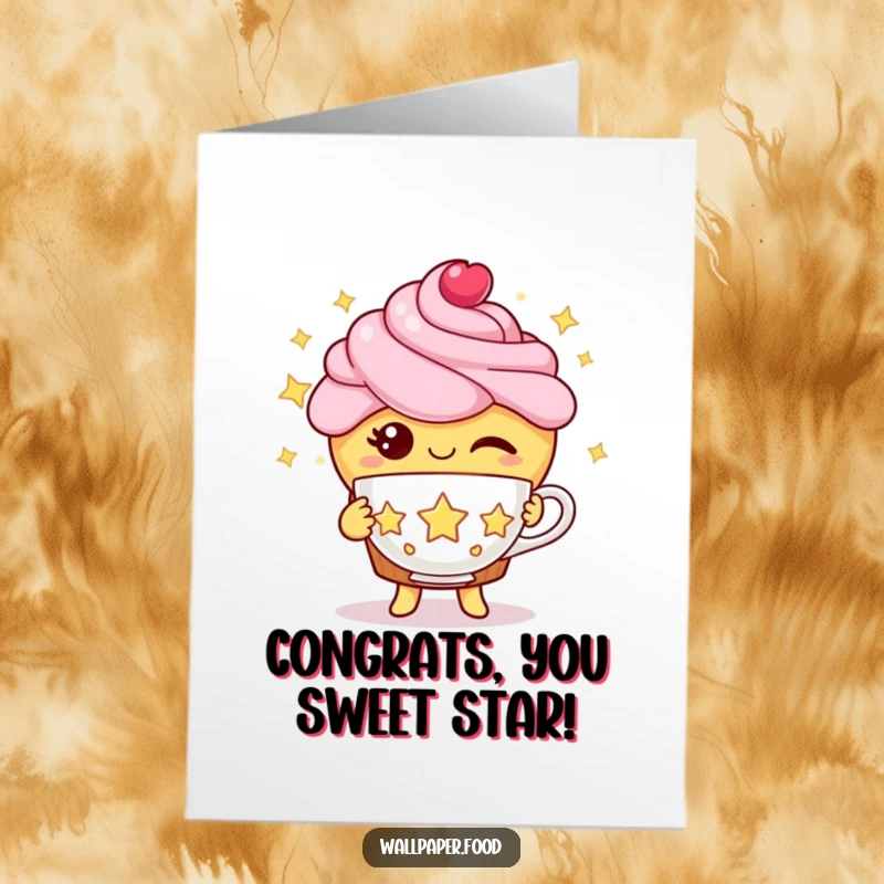 Funny Free Printable Cupcake Congratulations Card: A winking cupcake offers a teacup made of stars, celebrating wonderful news.