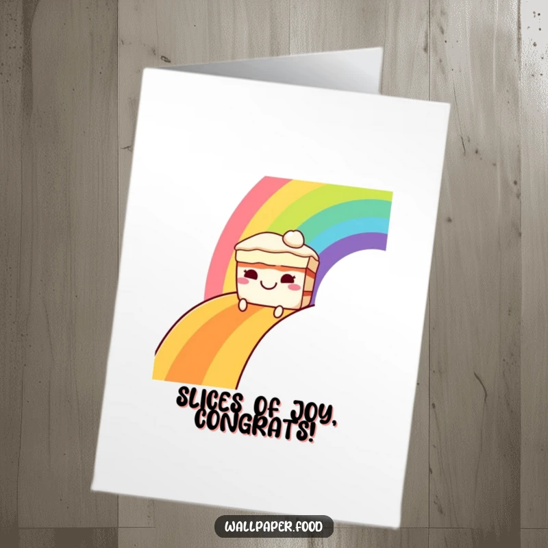 Funny Free Printable Congrats Card: A happy cake rides a rainbow, celebrating your amazing achievement with pure delight.