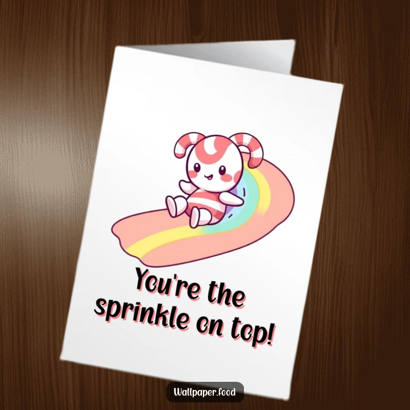 Funny Free Printable Congrats Card: Joyful candy cane gleefully slides down a vibrant sprinkle rainbow.