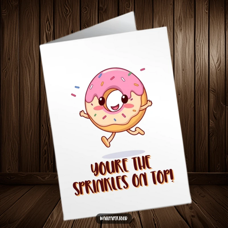 Funny Free Printable congratulations card with a happy donut character skipping, showering colorful sprinkles in celebration.