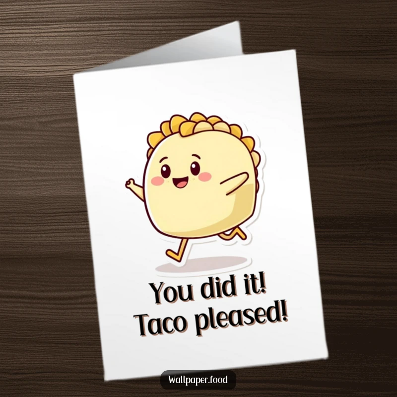 Free Printable Congratulations Card: A happy taco with tiny legs does a celebratory hop, marking a success.