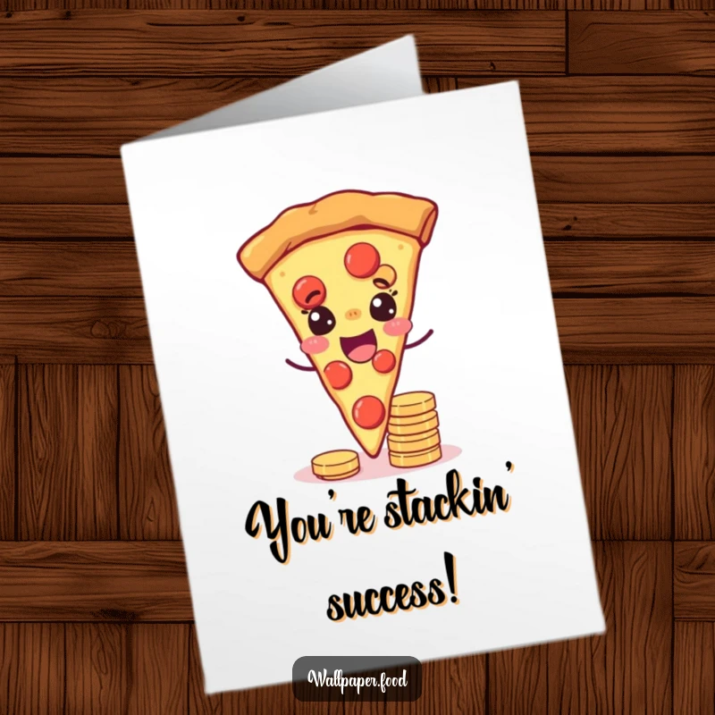 Funny free printable congratulations card: joyful pizza slice winks while balancing coins, celebrating luck and success, downloadable art.