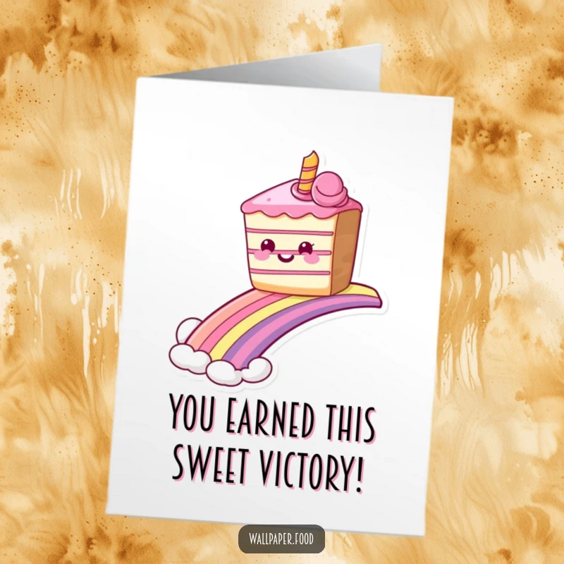 Funny Free Printable Congratulations Card: A grinning cake sliding down a rainbow, celebrating success with a sweet and joyful slide.