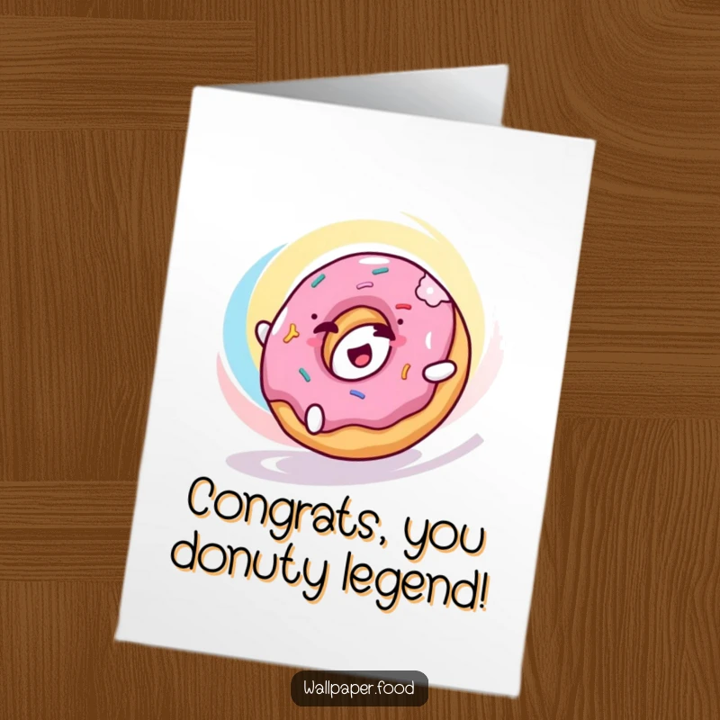 Funny Free Printable Donut Congratulations Card: A happy donut character rolls with delight through a colorful swirl, celebrating great news.