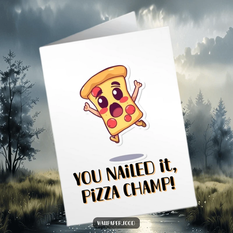 Funny Free Printable Congratulations Card: Pizza slice character in mid-air with an amazed expression, celebrating achievements.