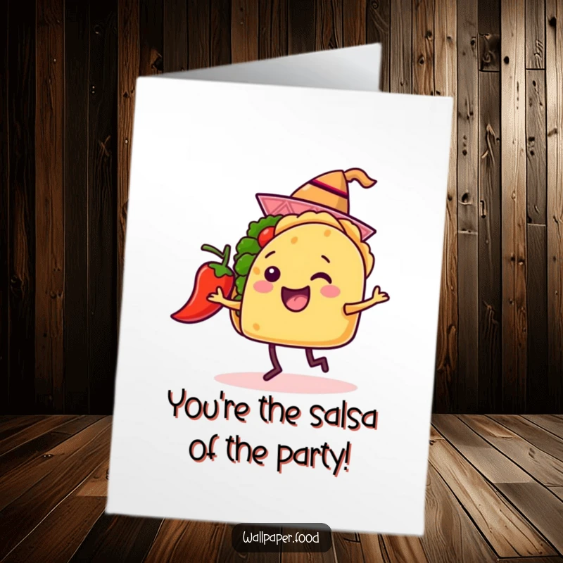 Funny Free Printable Taco Congratulations Card showing a happy taco dancing with a chili pepper, ideal for a downloadable gift.