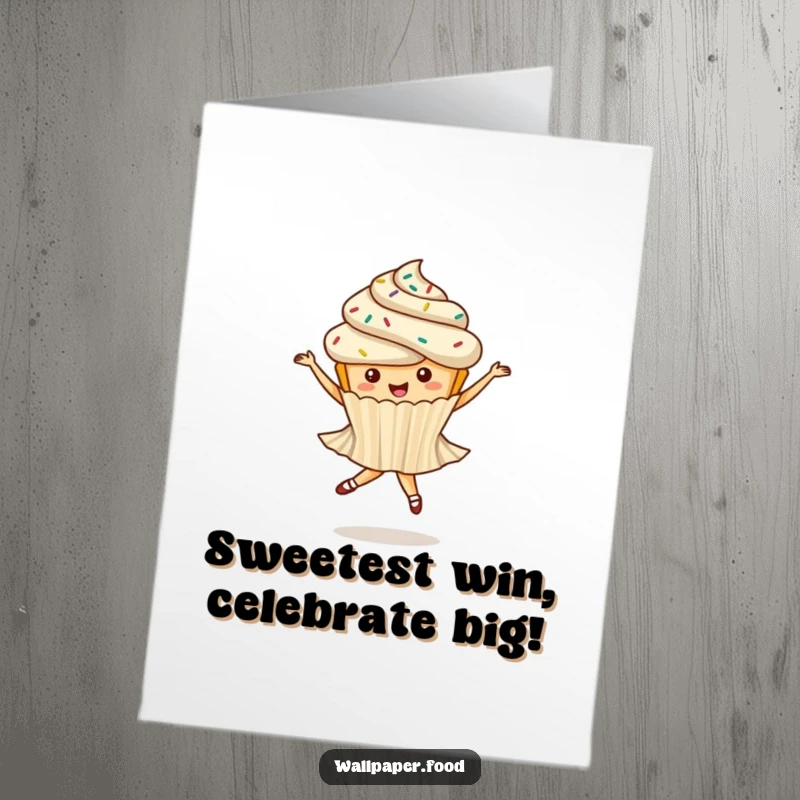 Funny Free Printable Cupcake Congratulations Card: A whimsical cupcake with sprinkles performs a graceful ballet twirl, perfect for a downloadable gift.