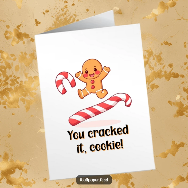 Funny Free Printable Congratulations Card: A joyful gingerbread man leaping high over candy cane stripes, celebrating an achievement.
