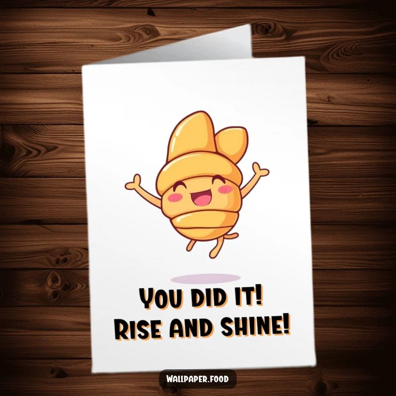 Funny Free Printable congratulations card with a happy croissant character mid-leap, perfect for announcing good news.