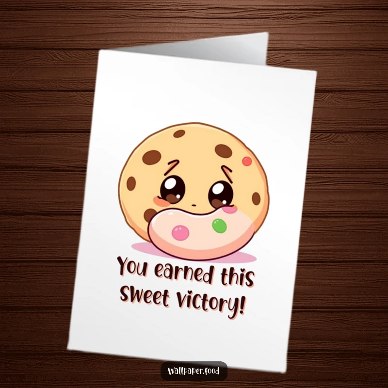Funny Free Printable Congratulations Card: Wide-eyed cookie character in disbelief before a giant candy, perfect for sweet victories.
