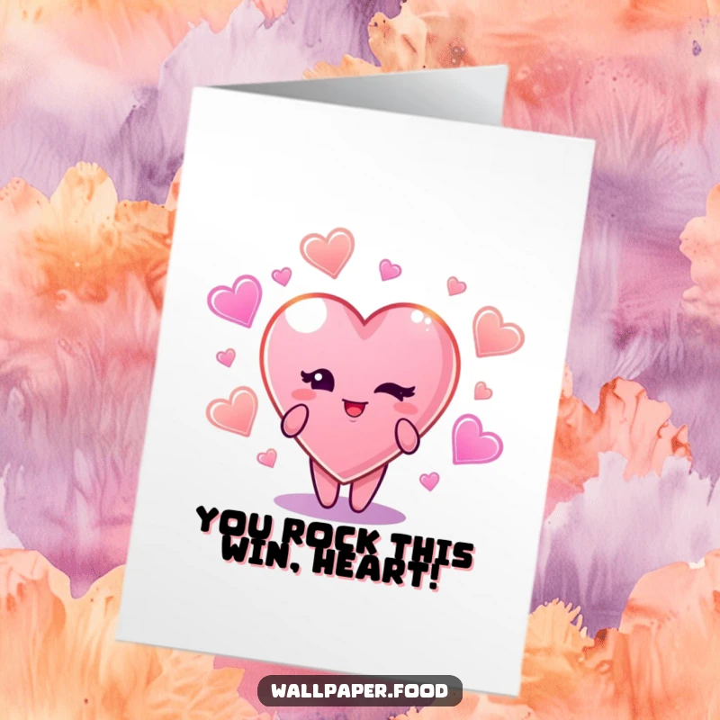 Funny Free Printable Congrats Card: A cute candy heart winks amidst glowing candy shapes.