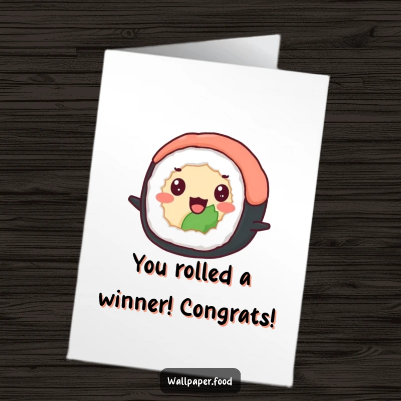 Funny Free Printable Congratulations Card: A delighted sushi roll with beady eyes, bouncing with happiness.