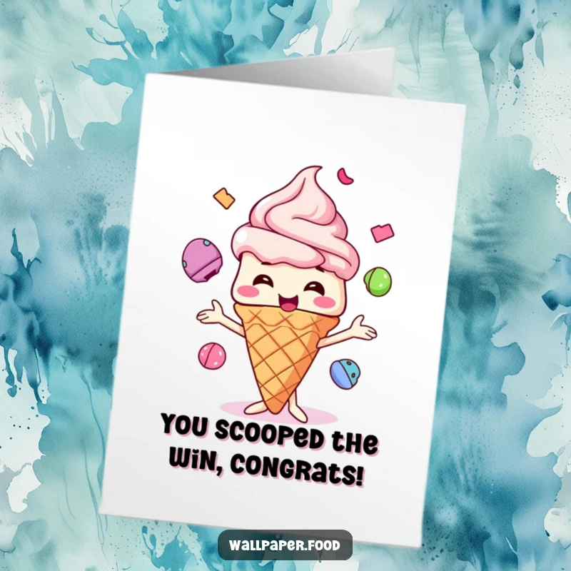 Funny Free Printable Congratulations Card: Giggling ice cream cone juggles vibrant scoops, symbolizing a sweet victory.