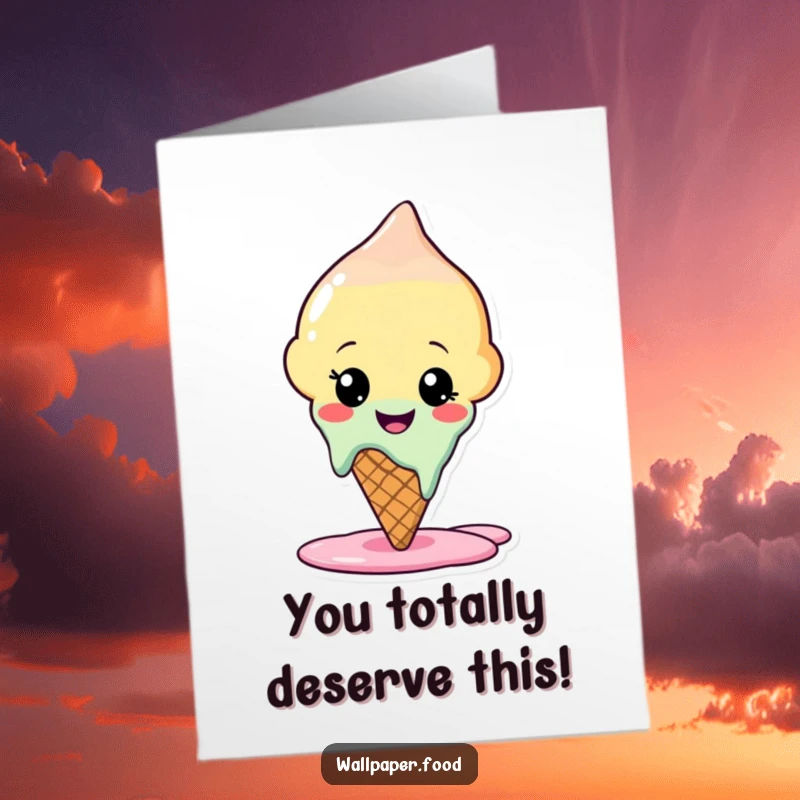 Free Printable Congratulations Card showing a happy ice cream cone character melting slightly, cheering with sweet success.