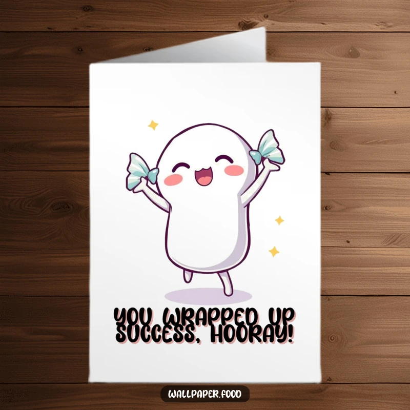 Funny Free Printable Congratulations Card: A dancing candy in a shimmering wrapper twirls with pure excitement for a grand achievement.