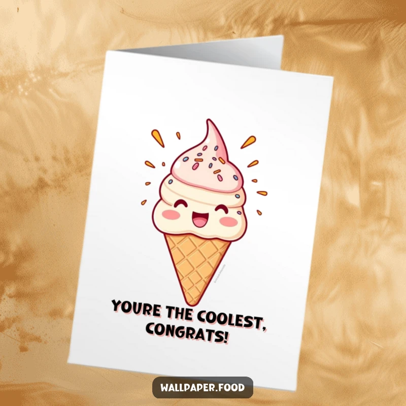 Funny Free Printable Congratulations Card: Delighted ice cream cone character with a sprinkle eruption, celebrating your awesome success.