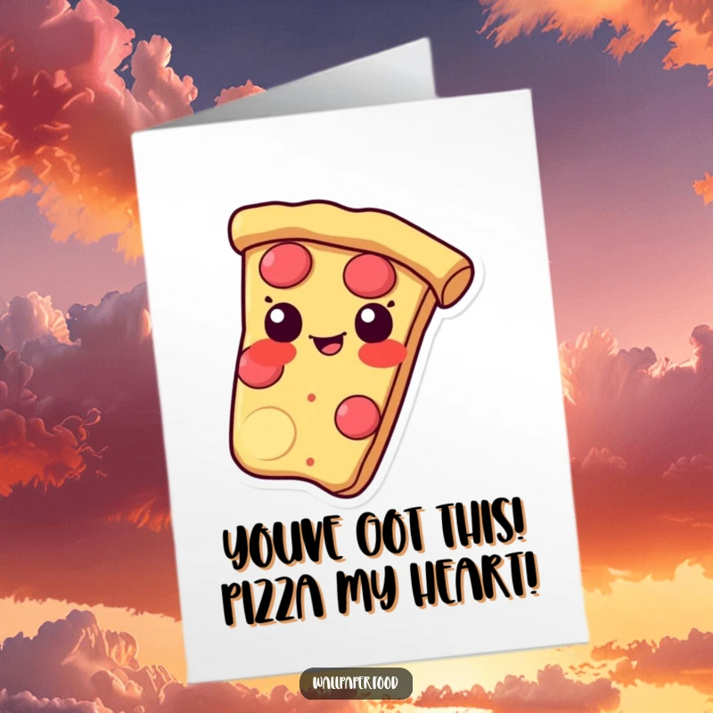 Funny free printable congratulations card of a pizza slice sliding with a mischievous grin, celebrating success.