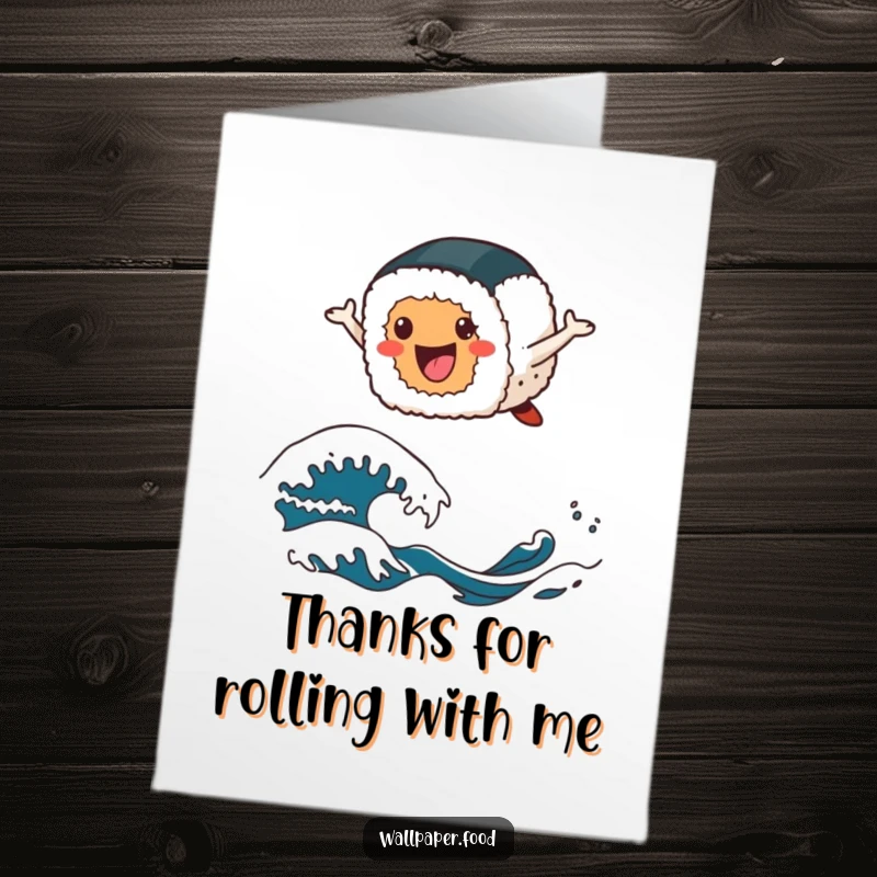 Funny Free Printable Sushi Thank You Card: A cheerful sushi roll leaps happily over stylized wave patterns, expressing thanks with delight.