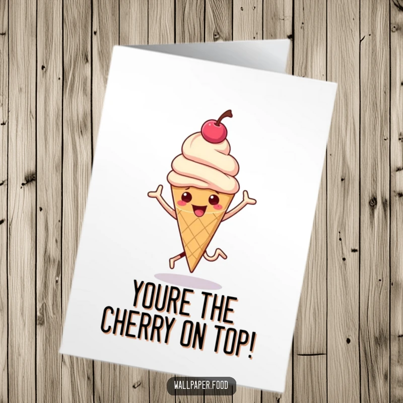 Funny free printable thank you card of a hopping ice cream cone with a cherry on top bouncing.