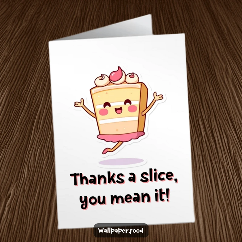 Funny Free Printable thank you card of a cheerful cake slice character performing a tiny pirouette, conveying sweet thanks.