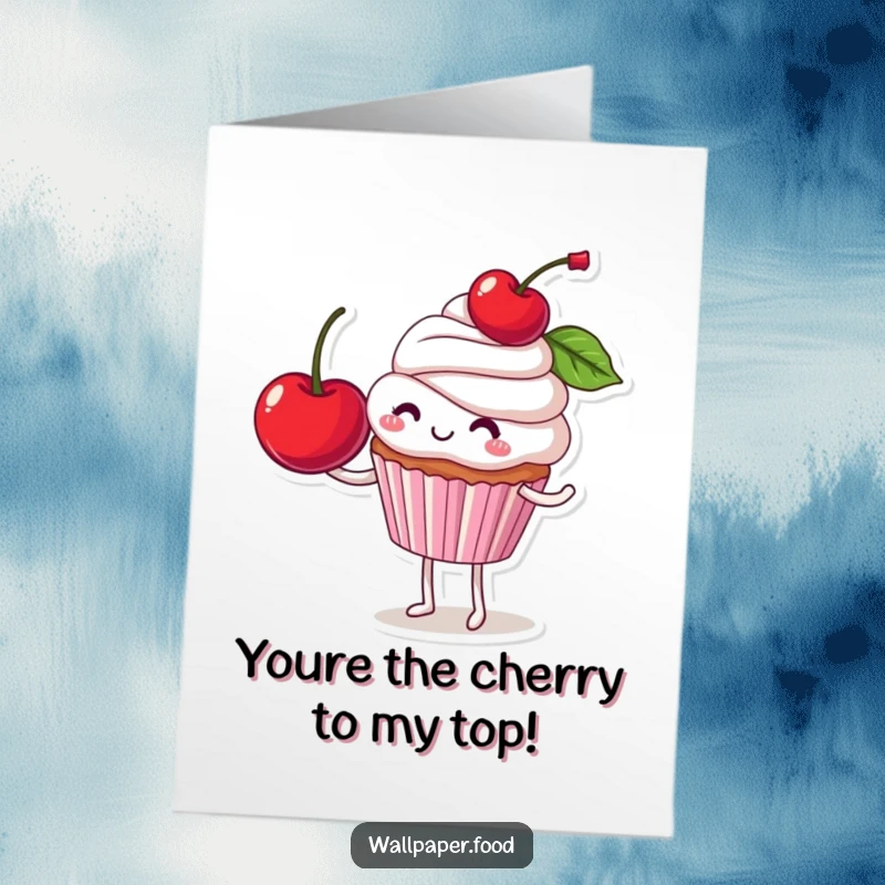 Funny Free Printable Thank You Card: Smiling cupcake character offers a huge cherry, symbolizing overflowing thanks.