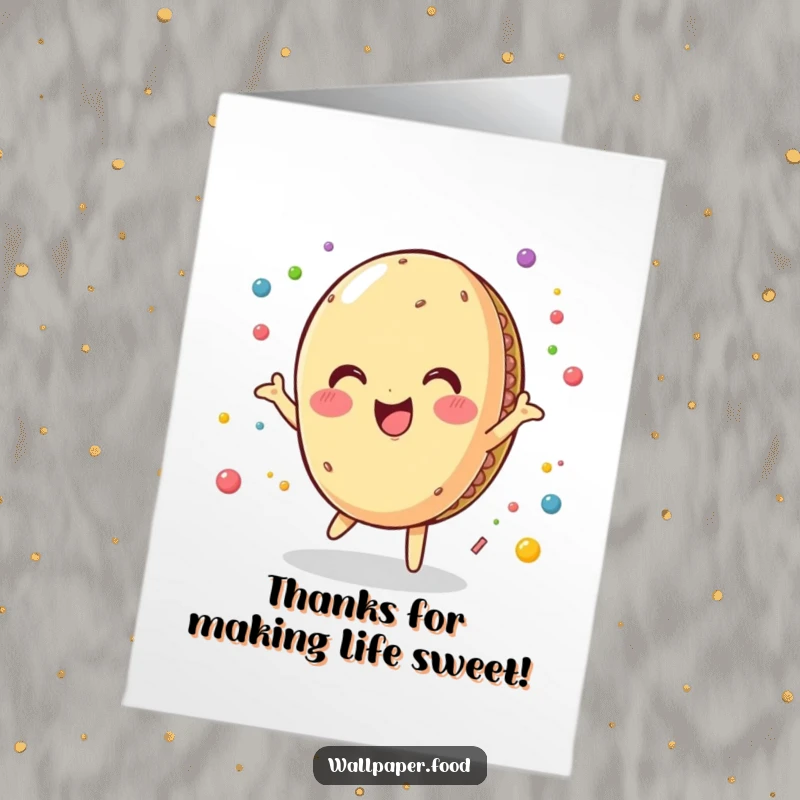 Funny Free Printable thank you card of a delighted macaroon character spinning with colorful flair, conveying cheerful thanks.