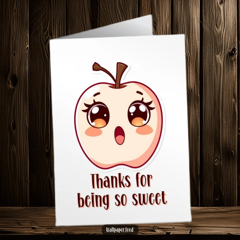 Funny Free Printable Thank You Card: Surprised candy apple character with wide, excited eyes, offering a thankful surprise.