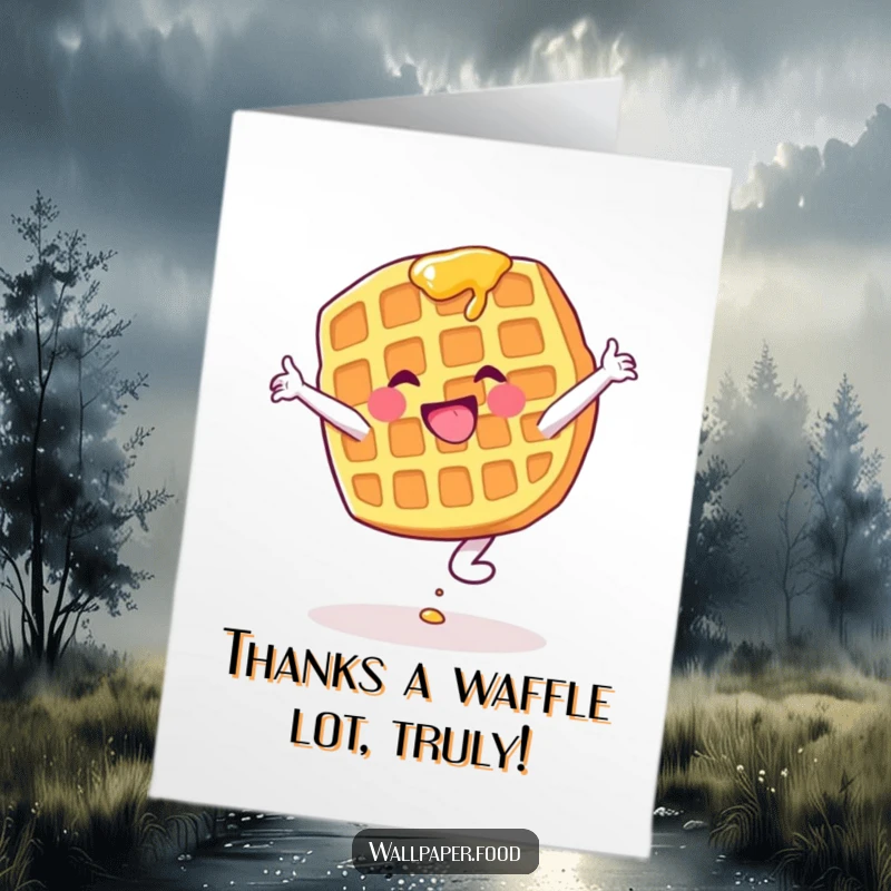 Funny Free Printable Thank You card featuring a waffle character with syrup mid-cartwheel, looking ecstatic.