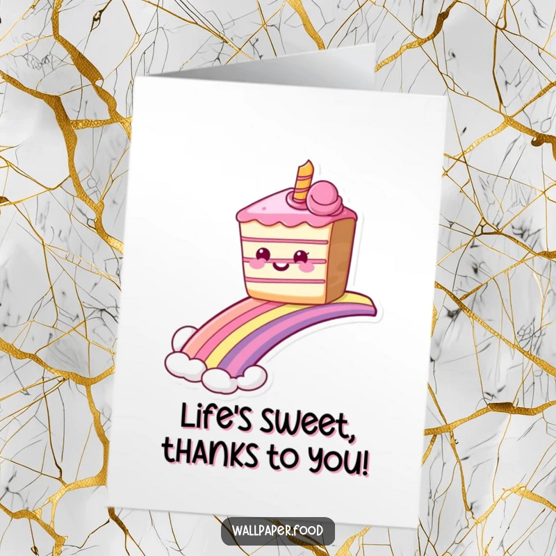 Funny Free Printable Thank You Card: A grinning cake sliding down a rainbow, conveying thanks with sweet, colorful joy.