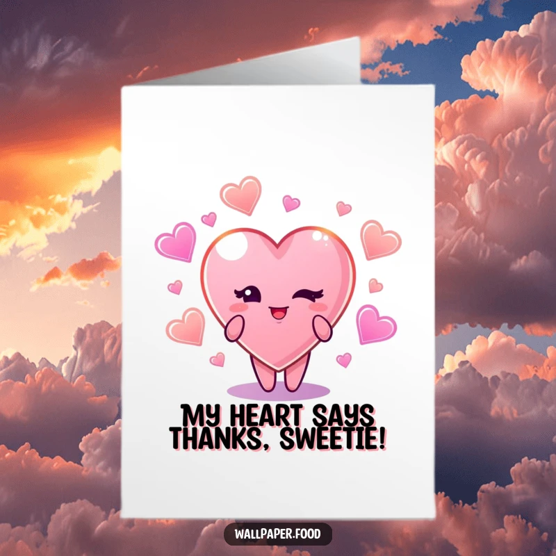 Funny Free Printable Thank You Card: Winking candy heart surrounded by sparkling candy shapes.