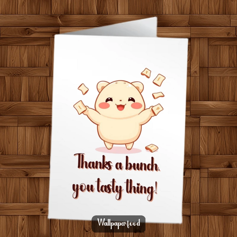 Funny Free Printable Thank You Card: Adorable dumpling character balancing multiple tiny fortune cookies, ready to charm.