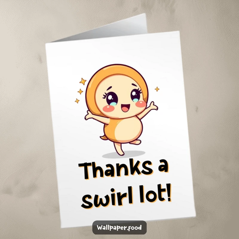 Funny Free Printable Thank You Card: A happy caramel swirl character dancing joyfully with a sparkling effect, expressing gratitude.