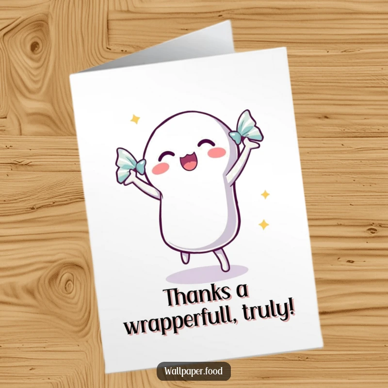 Funny Free Printable Thank You Card: A dancing candy with a shimmering wrapper expresses sweet thanks with infectious, joyful energy.