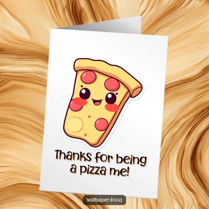 Funny free printable thank you card of a pizza slice sliding with a mischievous grin, expressing thanks.