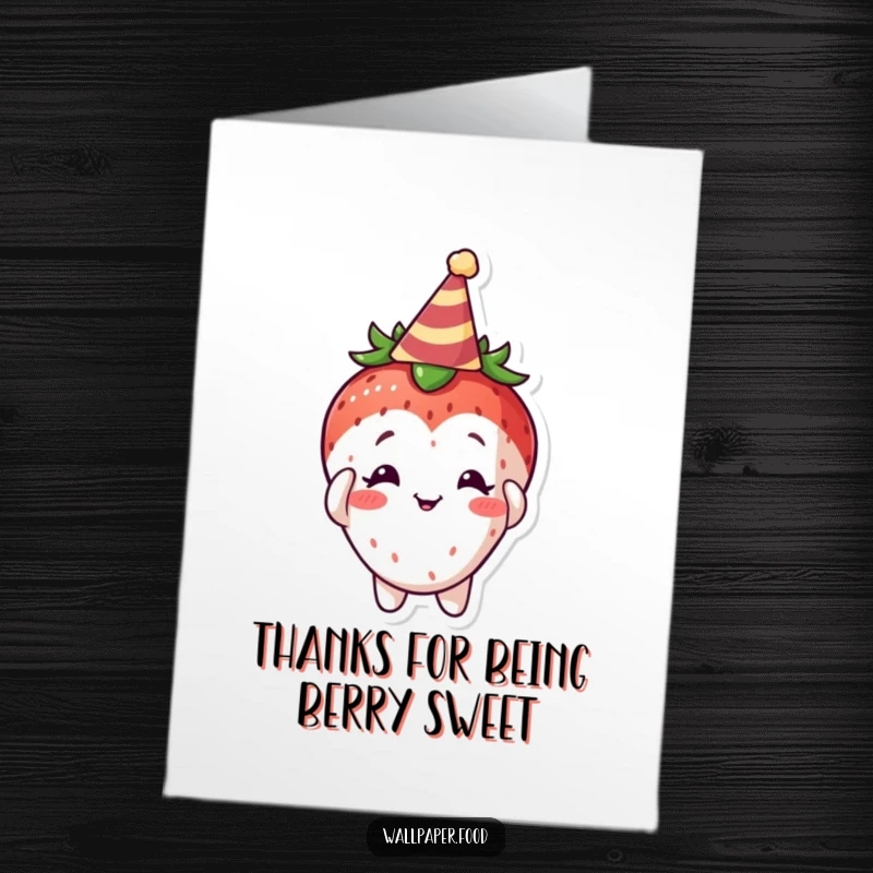 Funny Free Printable Thank You Card: Curious strawberry character adjusts a party hat, offering a sweet, thankful gesture.