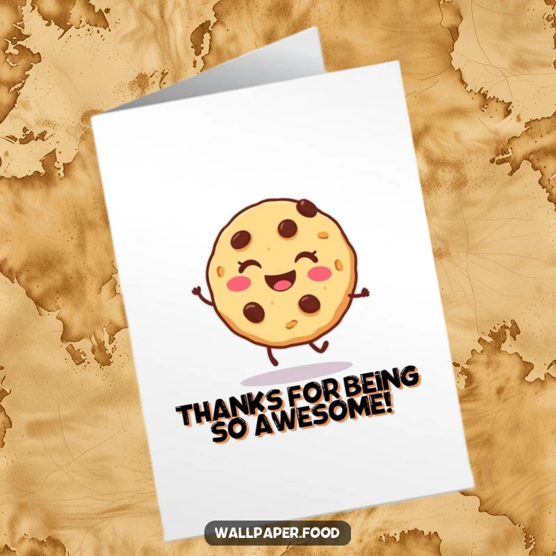 Funny Free Printable Thank You Card: A smiling cookie character with chocolate chips doing a joyful hop, expressing thanks.