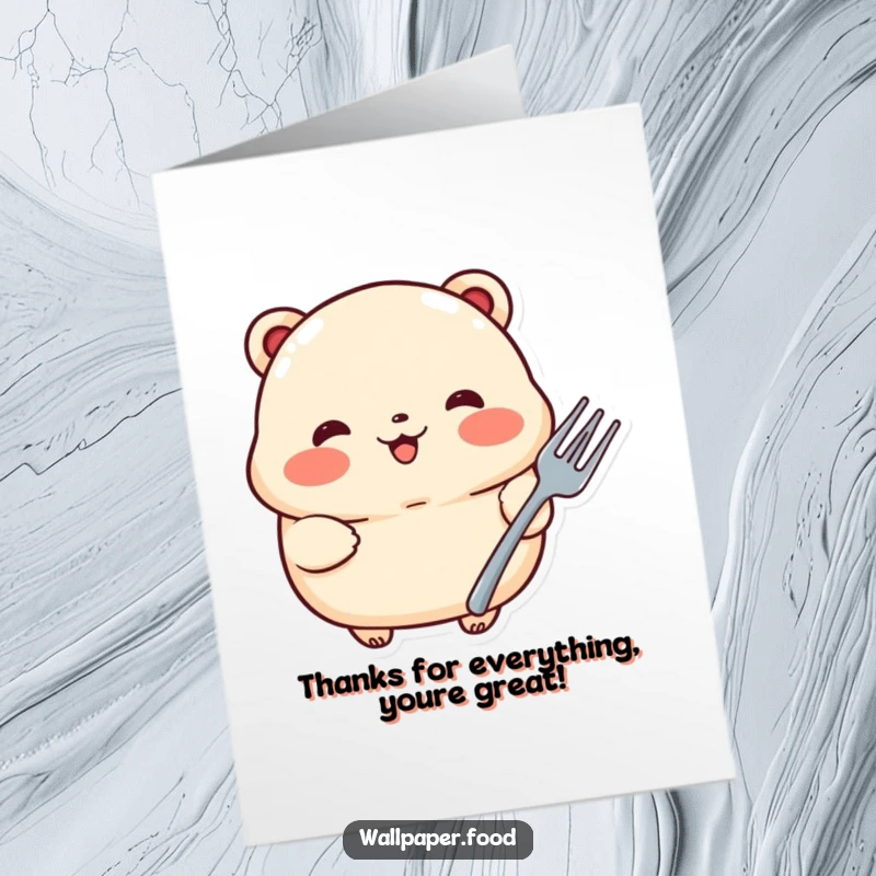 Funny Free Printable Thank You Card: A proud dumpling with rosy cheeks holds a tiny fork, offering thanks.