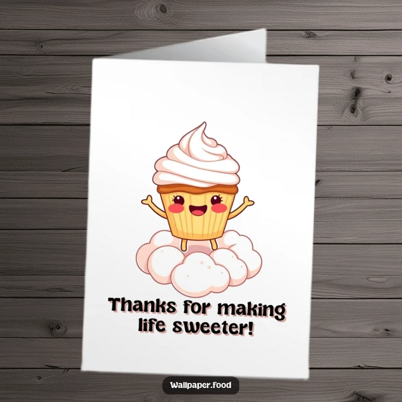 Funny Free Printable Thank You Card featuring a smiling cupcake character bouncing happily on whipped cream, sending thanks.