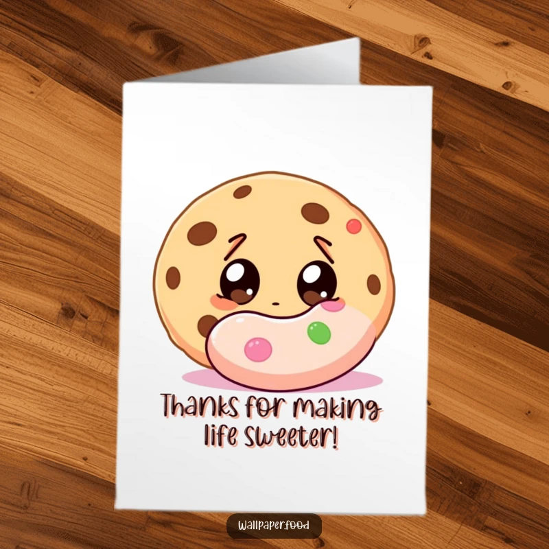 Funny Free Printable Thank You Card: A cookie character with enormous eyes fixated on a huge piece of candy.