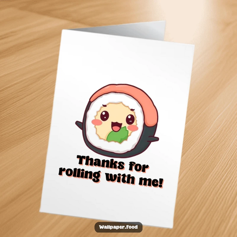 Funny Free Printable Thank You Card: A delighted sushi roll with beady eyes, happily bouncing to show thanks.