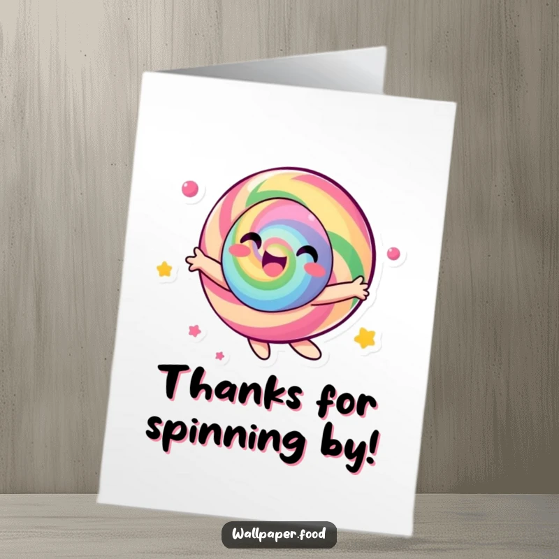 Funny Free Printable Thank You Card: Joyful candy character spinning, offering a humorous and colorful way to express thanks.