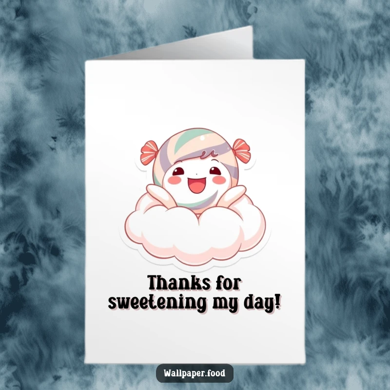 Funny free printable thank you card of a candy character happily floating on a sugary cloud. A sweet, downloadable thank you.