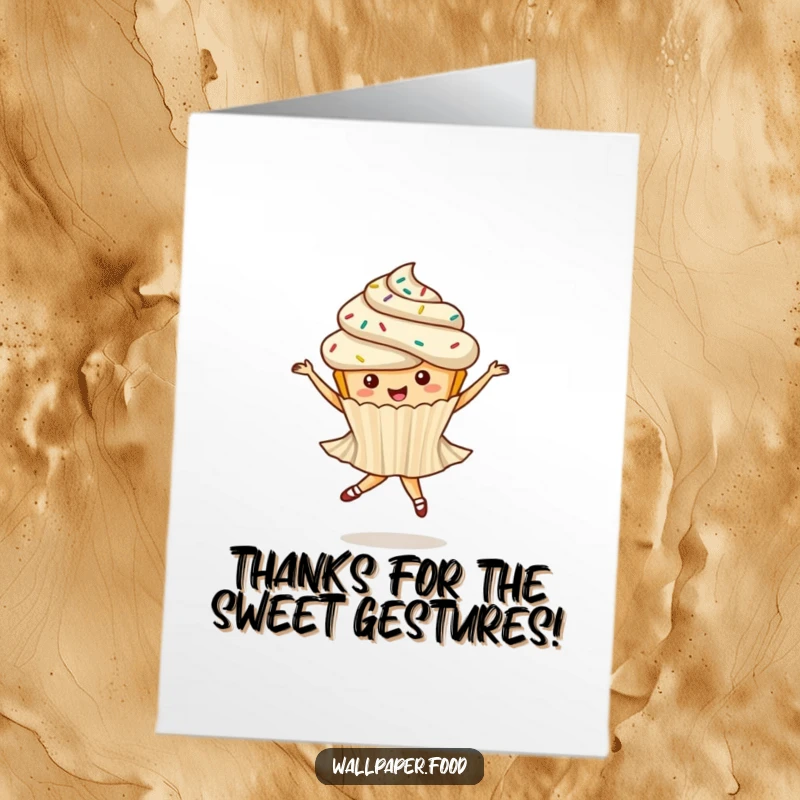 Funny Free Printable Cupcake Thank You Card: A whimsical cupcake with sprinkles does a ballet twirl, perfect for a downloadable gift.
