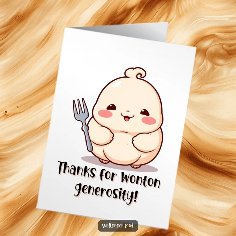 Funny Free Printable Thank You Card: A proud dumpling with rosy cheeks offers a tiny fork gesture of thanks, making it charming.