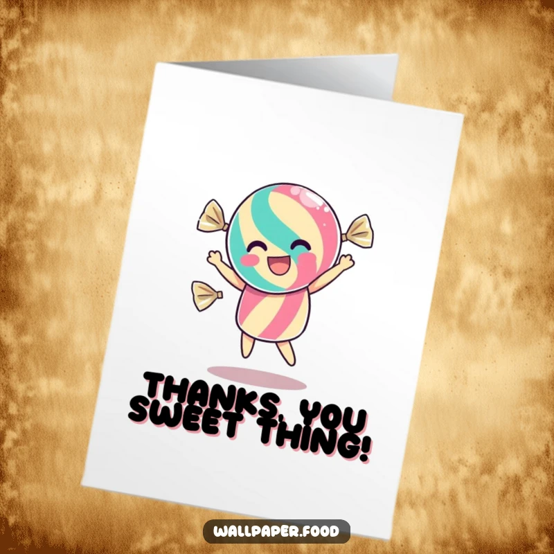 Funny Free Printable Thank You Card: A candy dances inside its wrapper, shimmering with excitement as it says thanks.
