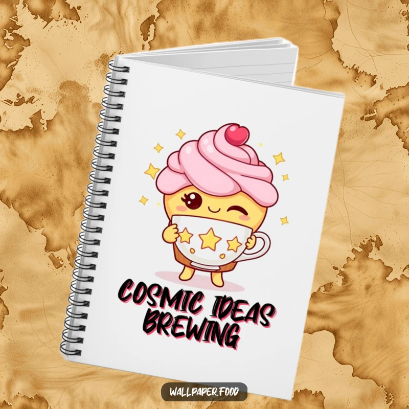 Funny cupcake notebook with a winking cupcake character offering a teacup made of stars, ideal for jotting magic.