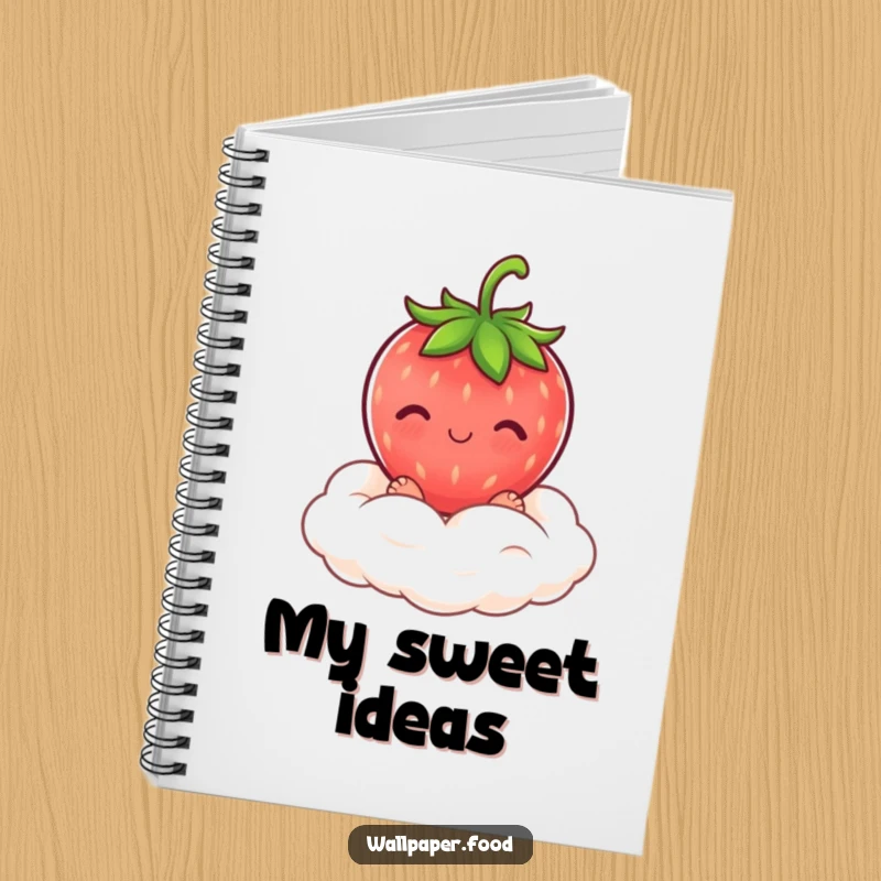 A blushing strawberry character on a cream cloud, gracing a notebook, ideal for jotting down sweet notes.