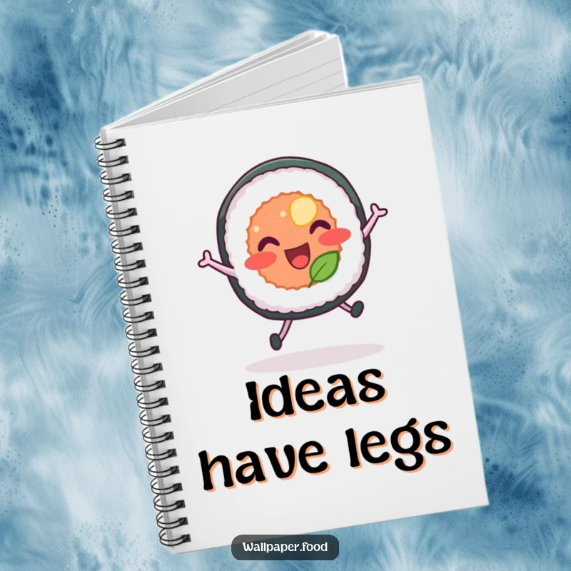 Funny notebook cover featuring a sushi roll with legs joyfully leaping, perfect for capturing thoughts with humor.