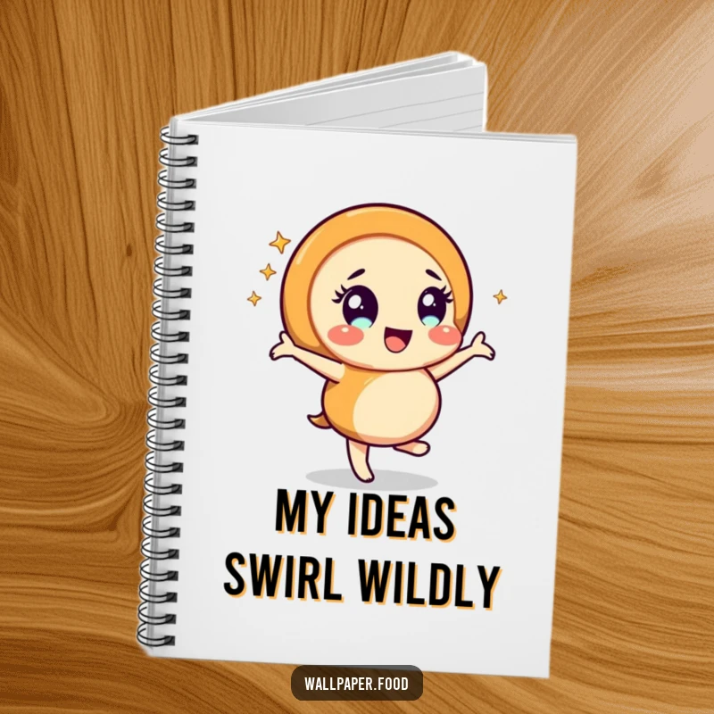 Funny caramel swirl character dancing energetically, surrounded by encouraging sparkles, on the cover of a notebook for a humorous and inspiring writing tool.